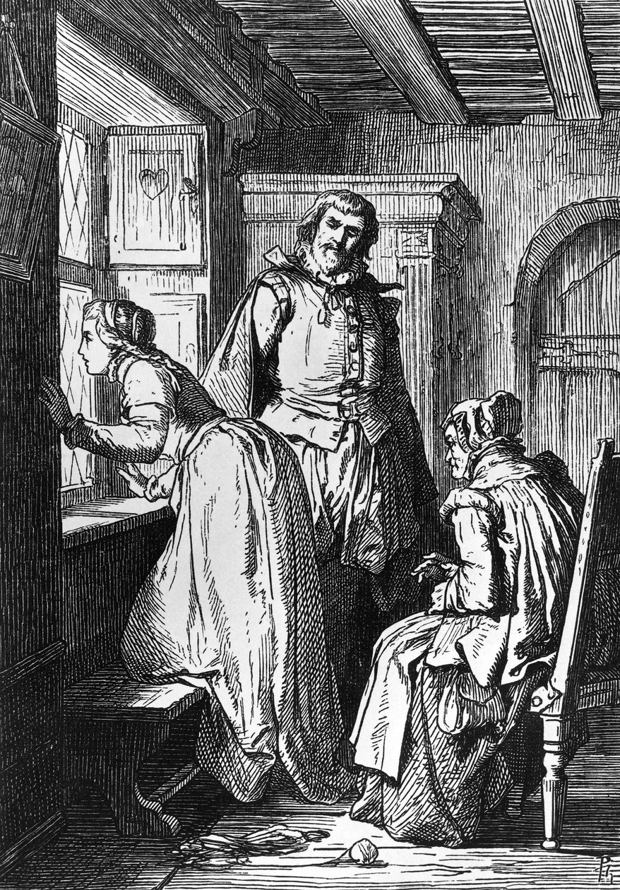 Klaerchen odottaa Egmontia, kuvitus Egmontille, tragedia Johann Wolfgang von Goethe (1749-1832), puupiirros Ferdinand Rothbartin (1823-1899) piirustuksen mukaan tekijältä Ferdinand Rothbart