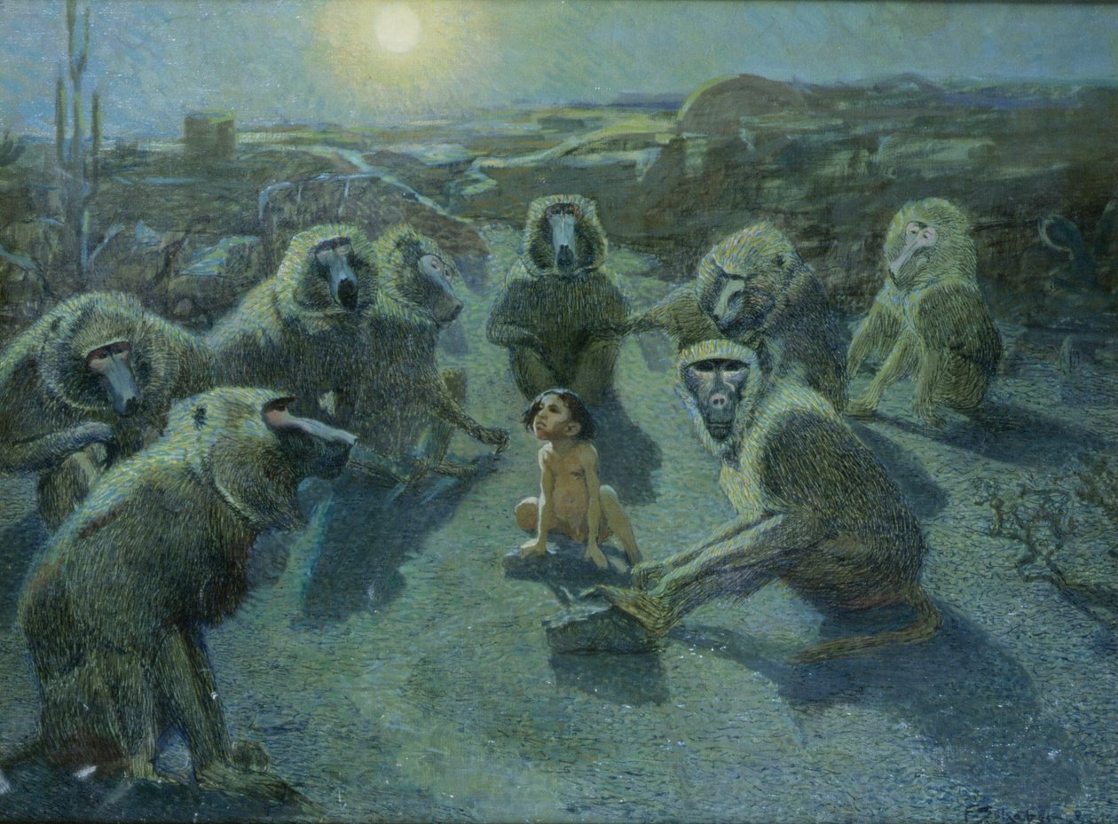 Apinoiden vangitsema Mowgli (öljy ja muste kankaalle) tekijältä Ferdinand Schebek