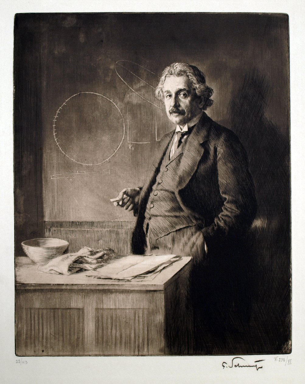 Albert Einsteinin (1879-1955) muotokuva. Ferdinand Schmutzerin (1870-1928) teos, kaiverrus tekijältä Ferdinand Schmutzer