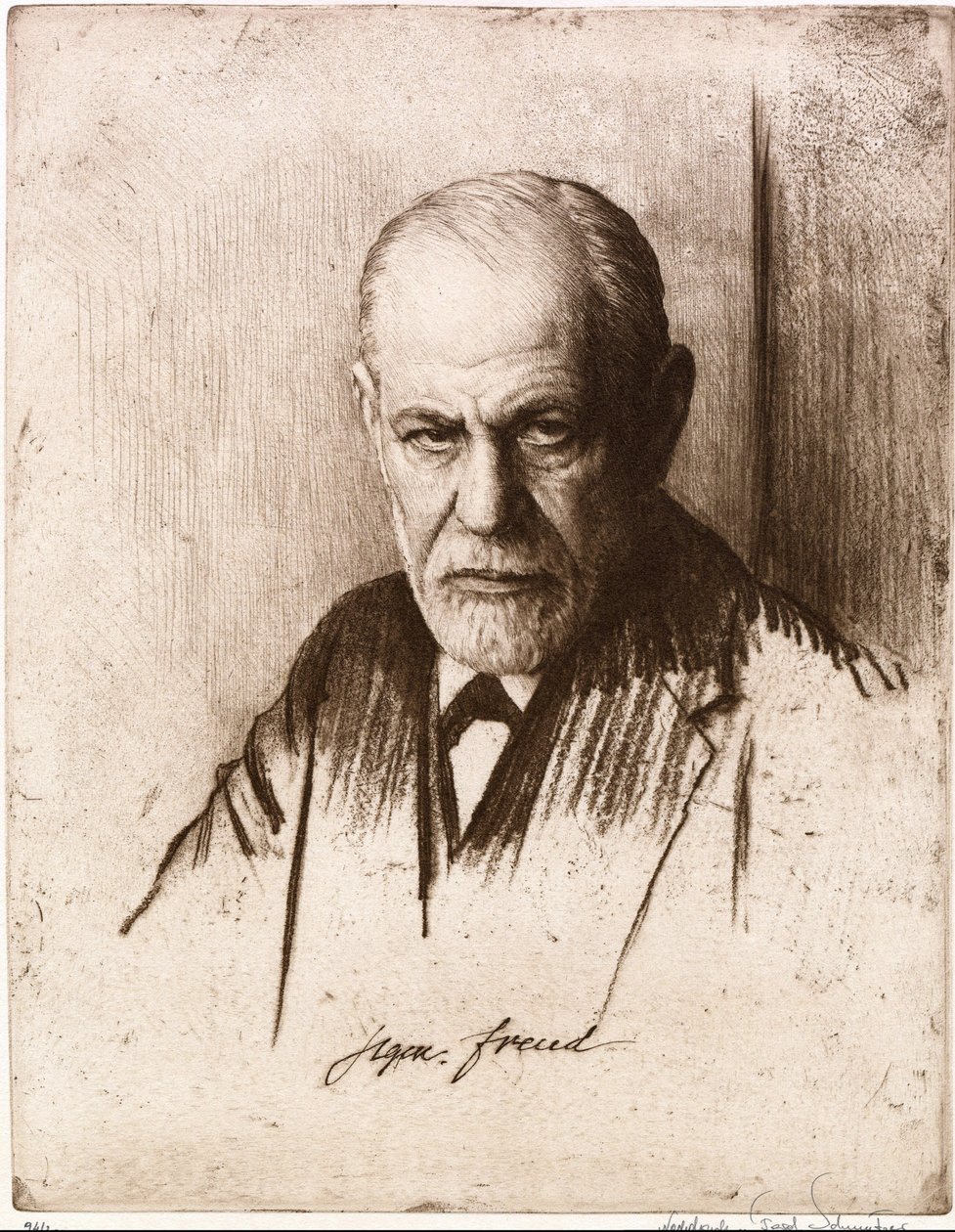Muotokuva Sigmund Freudista (1856-1939). Ferdinand Schmutzerin (1870-1928) teos, kaiverrus tekijältä Ferdinand Schmutzer