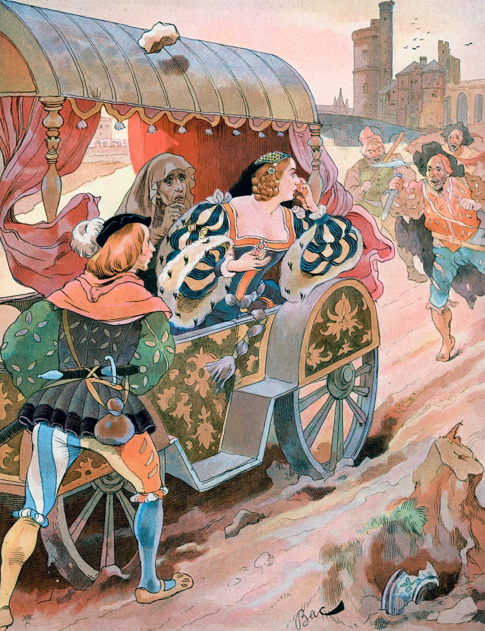 Hyökkäys vaunuun, Quai de Nesles, Francis I:n hallituskausi, 1500-luku, n. 1870-1950. tekijältä Ferdinand Sigismund Bac