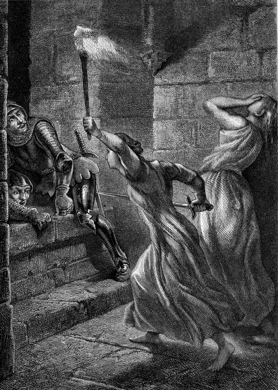 Sankarillisuus: Julienne Du Guesclin, Bertrand Duguesclinin sisar, tarttui sikaan karkottaakseen Pontorsonin linnaan tunkeutuvia englantilaisia sotilaita. 1300-luvulla. Kaiverrus vuodelta 1864, Eugene Delacroix. tekijältä Ferdinand Victor Eugene (after) Delacroix