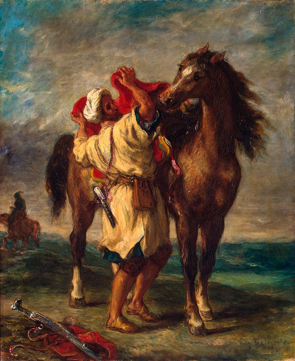 Marokkolainen satuloi hevostaan, 1855. tekijältä Ferdinand Victor Eugene Delacroix