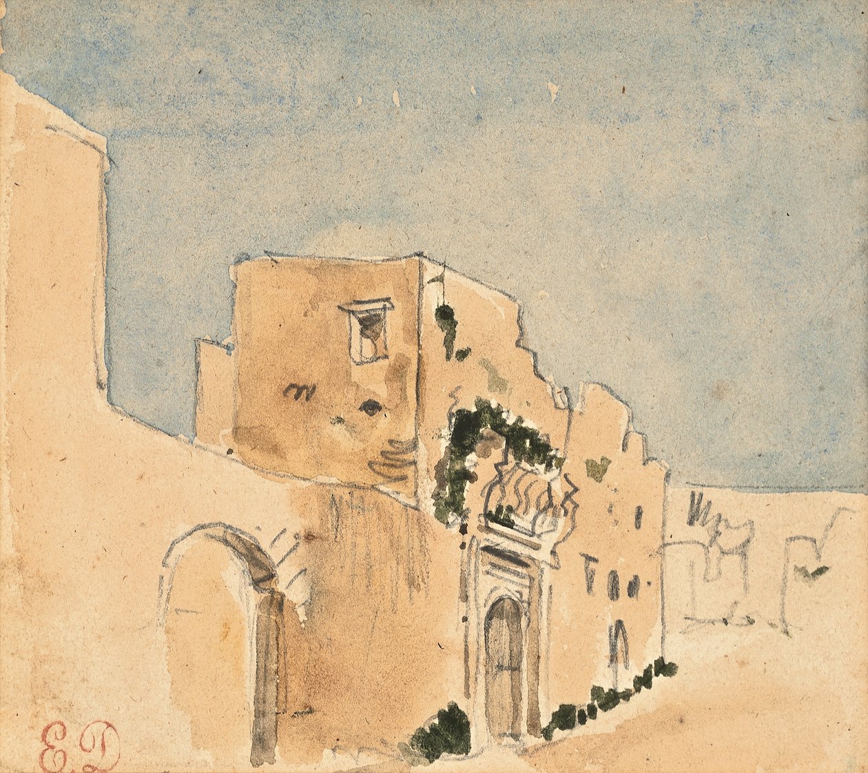 Marokon rakennus (kynä ja akvarelli paperille) tekijältä Ferdinand Victor Eugene Delacroix