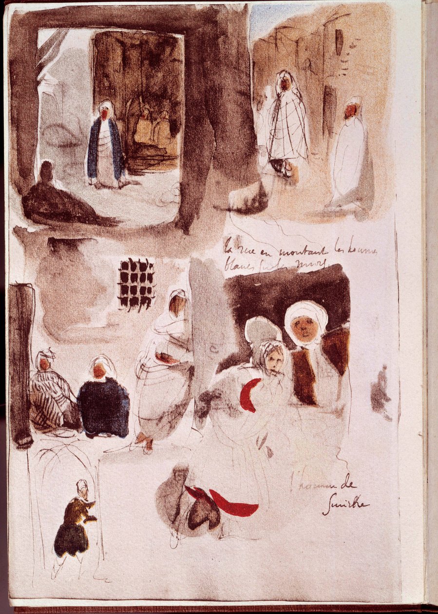 Albumi Pohjois-Afrikasta ja Espanjasta: Kadut, seinät ja kaupat, joissa seisoo tai istuu hahmoja, mukaan lukien Smirnen mies. Eugene Delacroix (1798-1863) akvarelli musteella ja kynällä 1832 Sun. 0,19x0,12 m Pariisi, Louvre-museo tekijältä Ferdinand Victor Eugene Delacroix