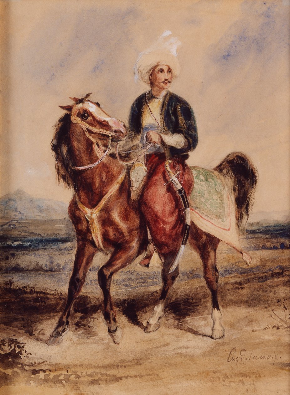 Arabisoturi hevosen selässä maisemassa (akvarelli paperille) tekijältä Ferdinand Victor Eugene Delacroix