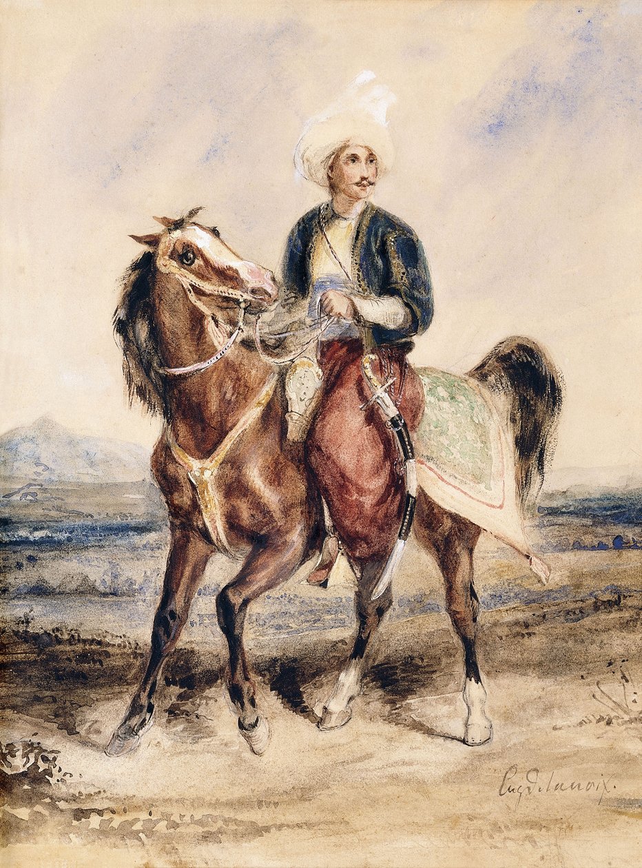 Arabi soturi hevosen selässä maisemassa, tekijältä Ferdinand Victor Eugene Delacroix