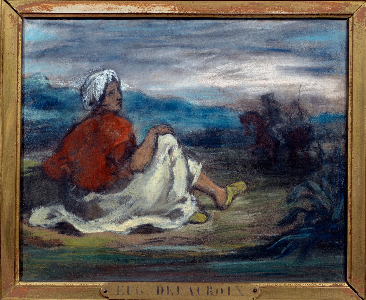 Arabi istuu maaseudulla tien reunalla Eugene Delacroixin (1798-1863) pastellimaalaus 1800-luvun yksityinen kokoelma tekijältä Ferdinand Victor Eugene Delacroix