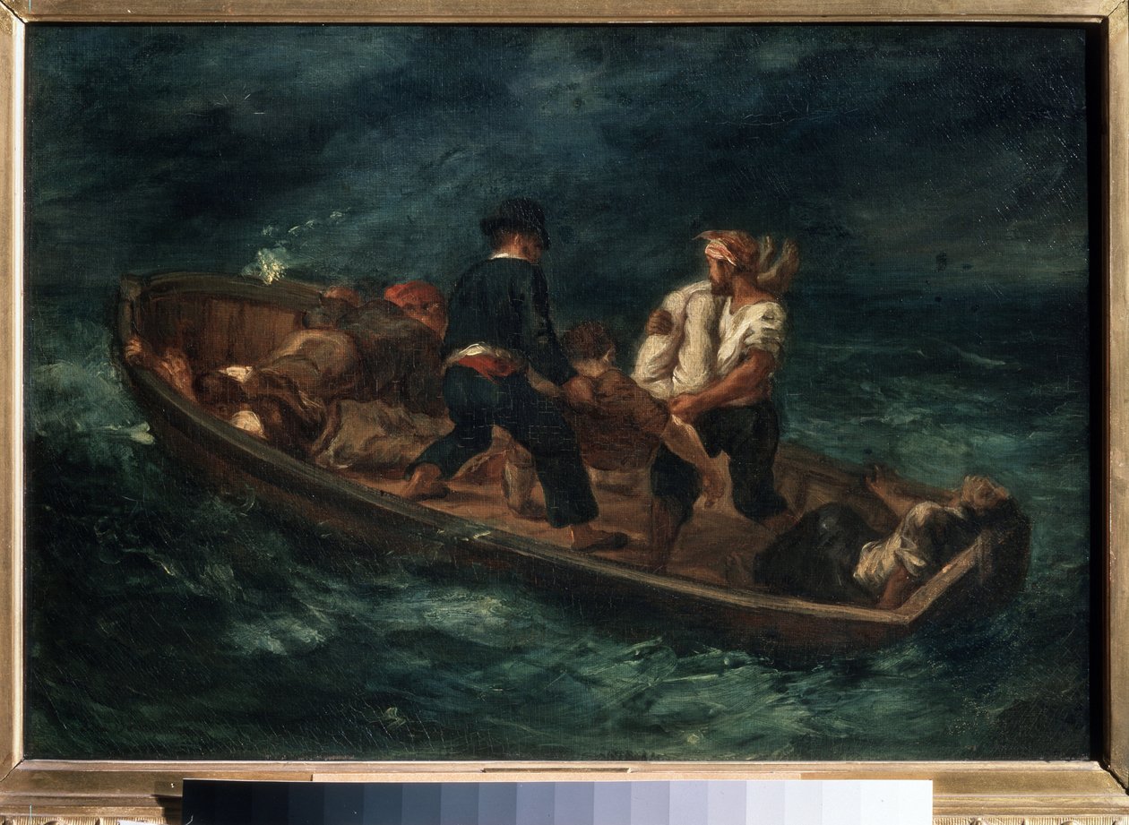 "Haaksirikkomisen jälkeen" (kutsutaan myös "Kanootin hylätyiksi haaksirikkoiksi") Haaksirikkoutumisesta selviytyneet lautalla. Eugene Delacroix (1798-1863) maalaus 1847 Pushkinin taidemuseo, Moskova tekijältä Ferdinand Victor Eugene Delacroix