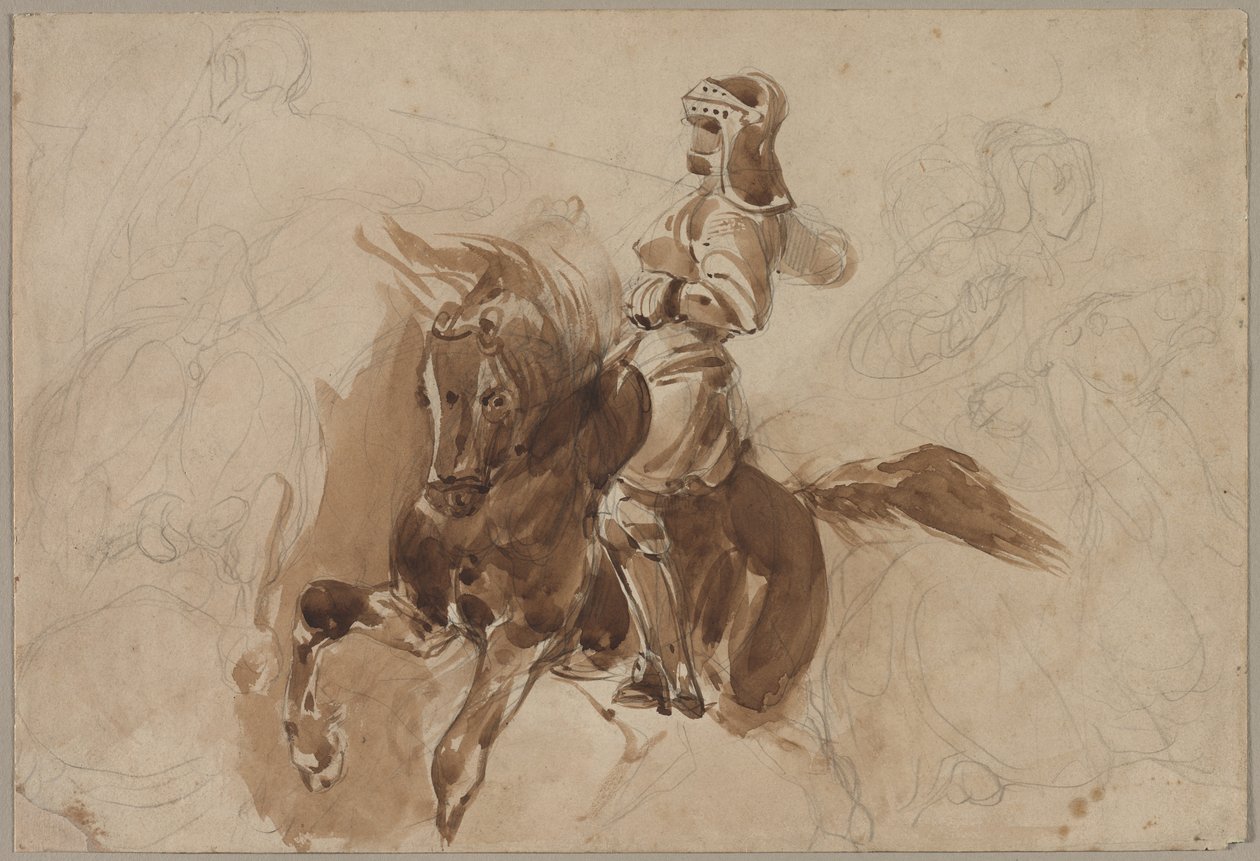 Panssarihahmo hevosselässä recto, Hevonen navetan edessä verso, n. 1828. tekijältä Ferdinand Victor Eugene Delacroix
