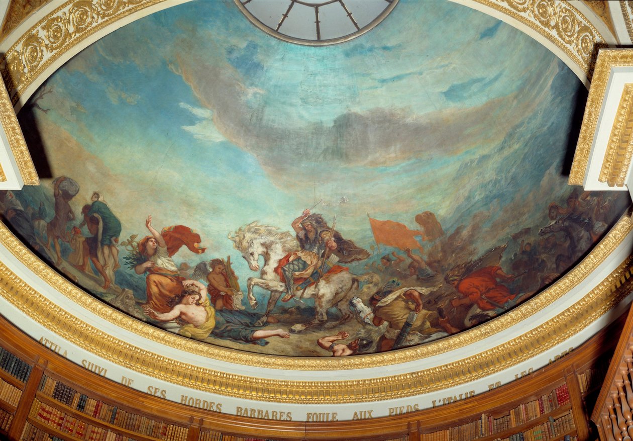 Attila (395-453) hunniheimon päällikkö, jonka jälkeen hänen barbaarilaumansa tungosivat Italiassa vuonna 452 Eugene Delacroixin (1798-1863) fresko koristamassa kansalliskokouksen kirjaston kupolia (Palais Bourbon) 1843 Pariisi tekijältä Ferdinand Victor Eugene Delacroix