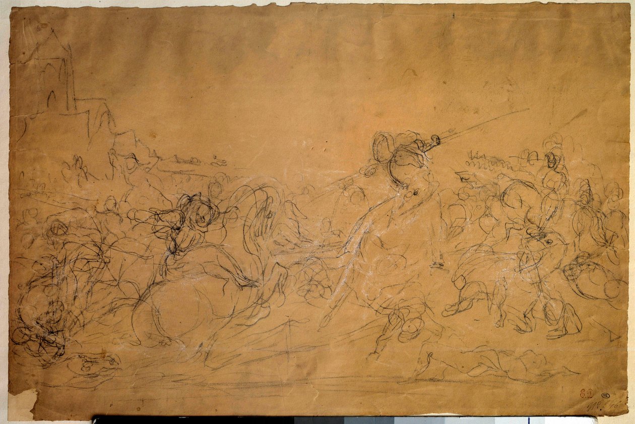 Taistelukohtaus Eugene Delacroixin (1798-1863) piirustus lohipaperille 1800-luvun aurinko. 0,30 x 0,45 m. Pariisi, Louvre-museo tekijältä Ferdinand Victor Eugene Delacroix
