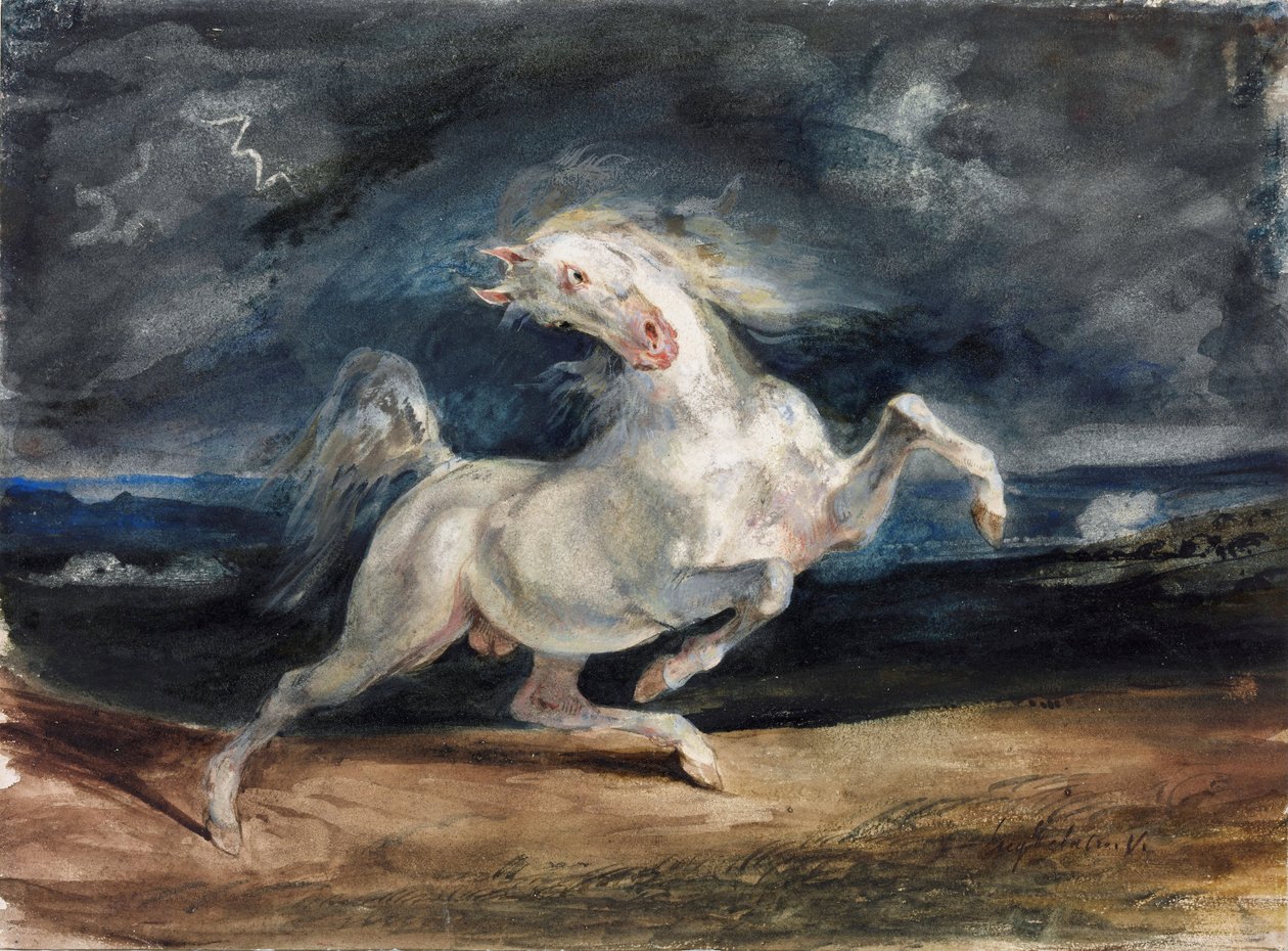 Cheval effraye par la foudre - Salaman pelästynyt hevonen - Delacroix, Eugene (1798-1863) - 1825-1829 - Akvarelli, guassi paperille - 23,6x32 - Szepmuveszeti Muzeum, Budapest tekijältä Ferdinand Victor Eugene Delacroix