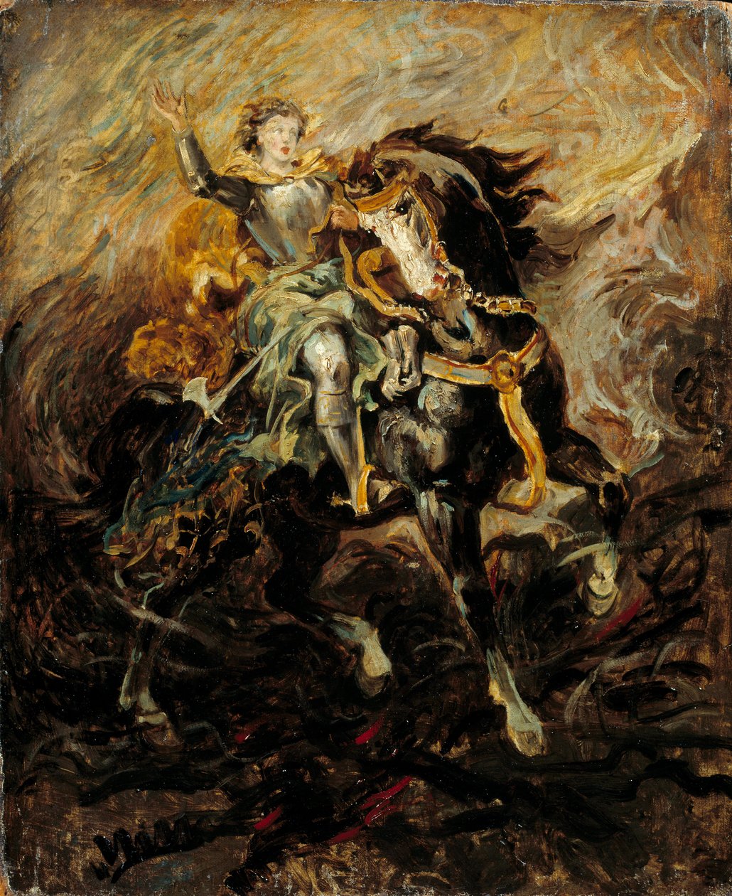 Clorinde puuttuu pelastaakseen Olinden ja Sophronian. Kuva Torquato Tasson "La Jerusalem delivree" (La gerusalemme liberata) kohtauksesta. Eugene Delacroixin (1798-1863) maalaus 1800-luvun aurinko. 0,61x0,5 m tekijältä Ferdinand Victor Eugene Delacroix