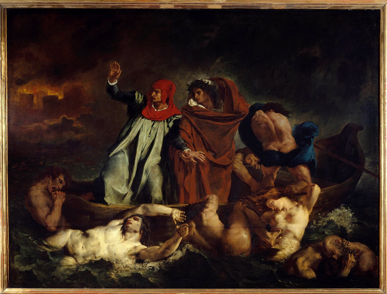 Dante ja Vergilius tai Danten Barque-kuvitus Canto VIII:lle "Jumalallinen komedia" (Divina Commedia), kirjoittanut Dante Alighieri (1265-1321) Eugene Delacroixin (1798-1863) maalaus 1822 Su. 1,89 x 2,41 m Pariisi. Louvren taidemuseo tekijältä Ferdinand Victor Eugene Delacroix