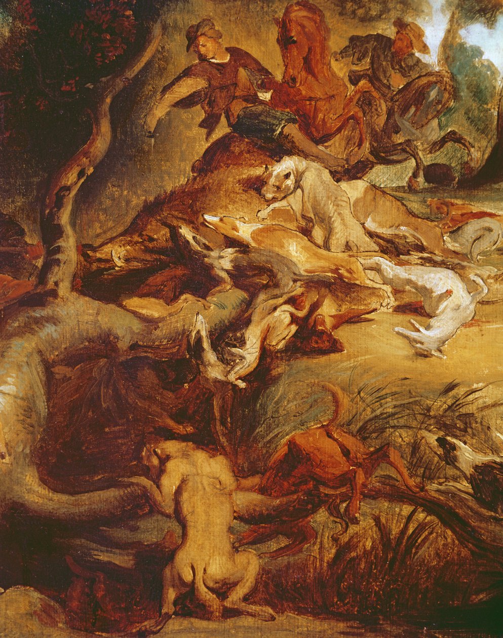 Yksityiskohta villisianmetsästä, Rubensin maalauksen jälkeen, n. 1840-1850 (katso 203232) tekijältä Ferdinand Victor Eugene Delacroix