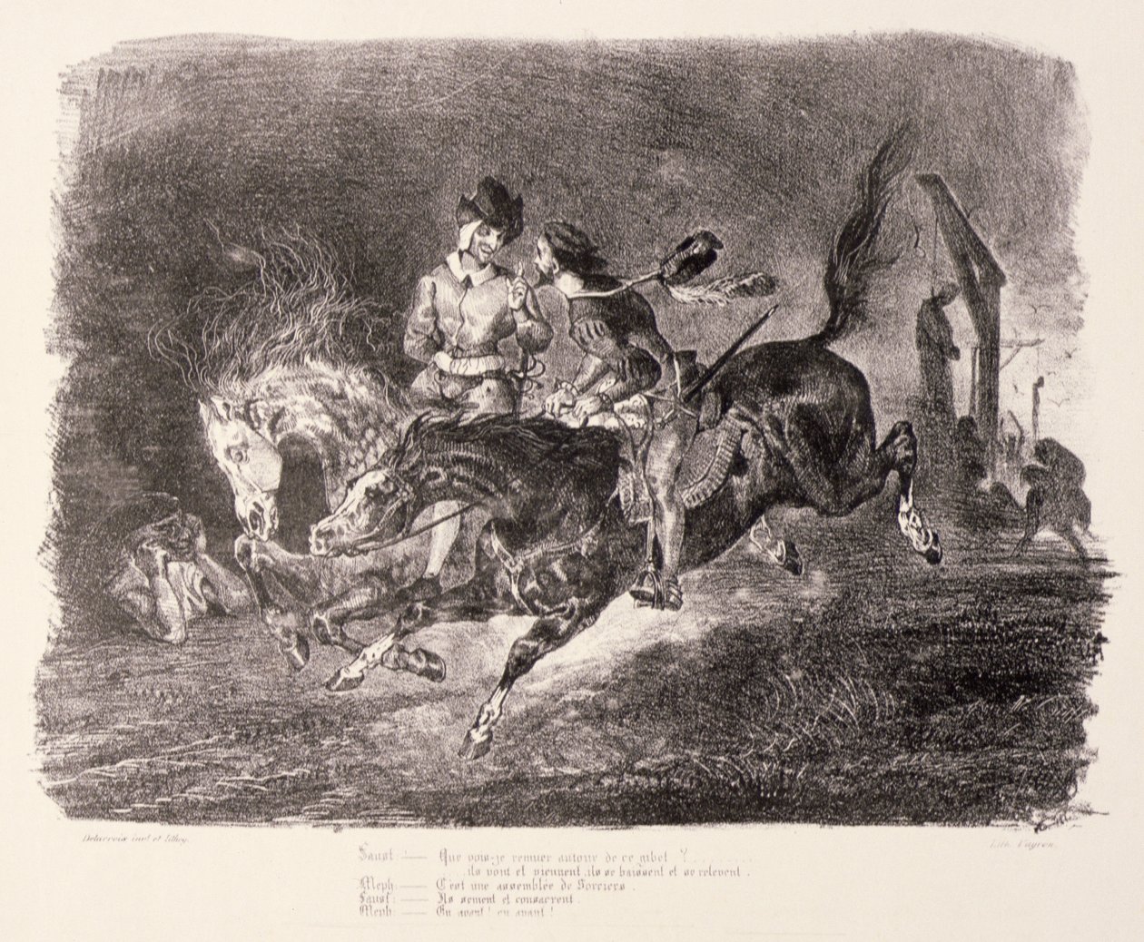 Faust ja Mefistofeles laukkaamassa lepoyöllä, 1828 tekijältä Ferdinand Victor Eugene Delacroix