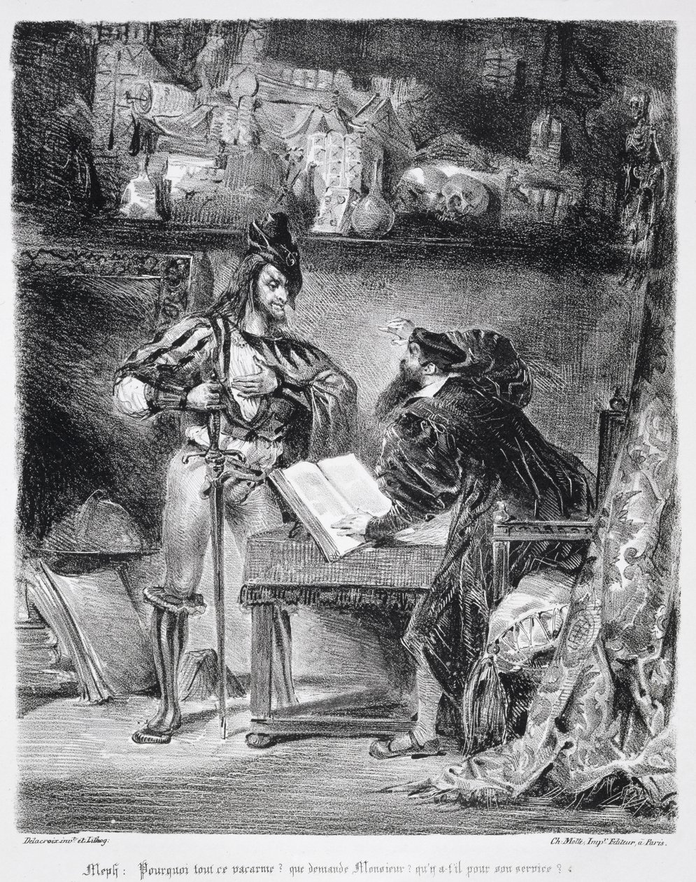 Faustin ja Mefistofeleen ensimmäinen tapaaminen: "Miksi kaikki tämä melu", Goethen Faustista, 1828, (kuva) (bw-valokuva litografiasta) tekijältä Ferdinand Victor Eugene Delacroix
