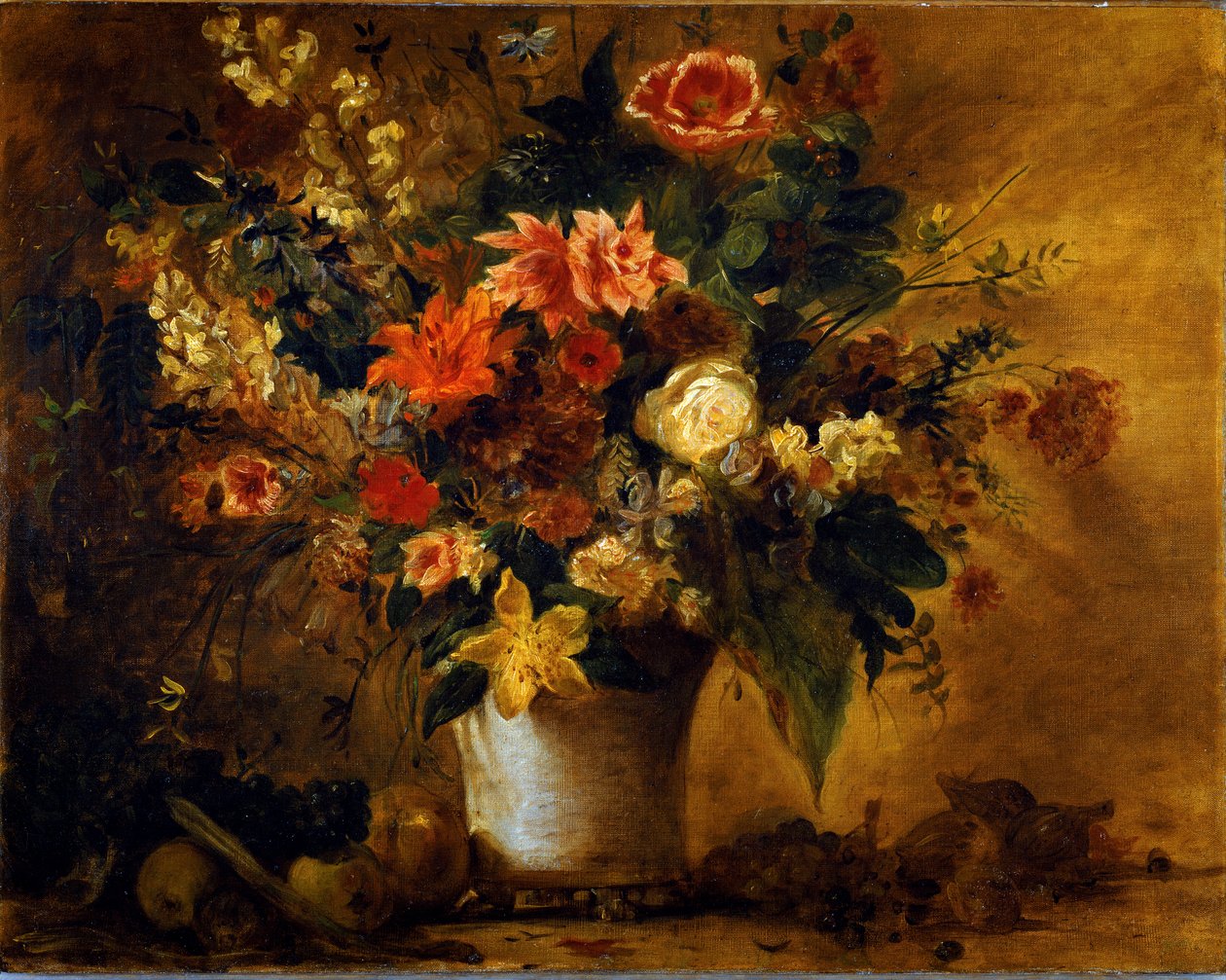 Kukkia ja hedelmiä Kukkakimppu gres-maljakossa. Eugene Delacroix