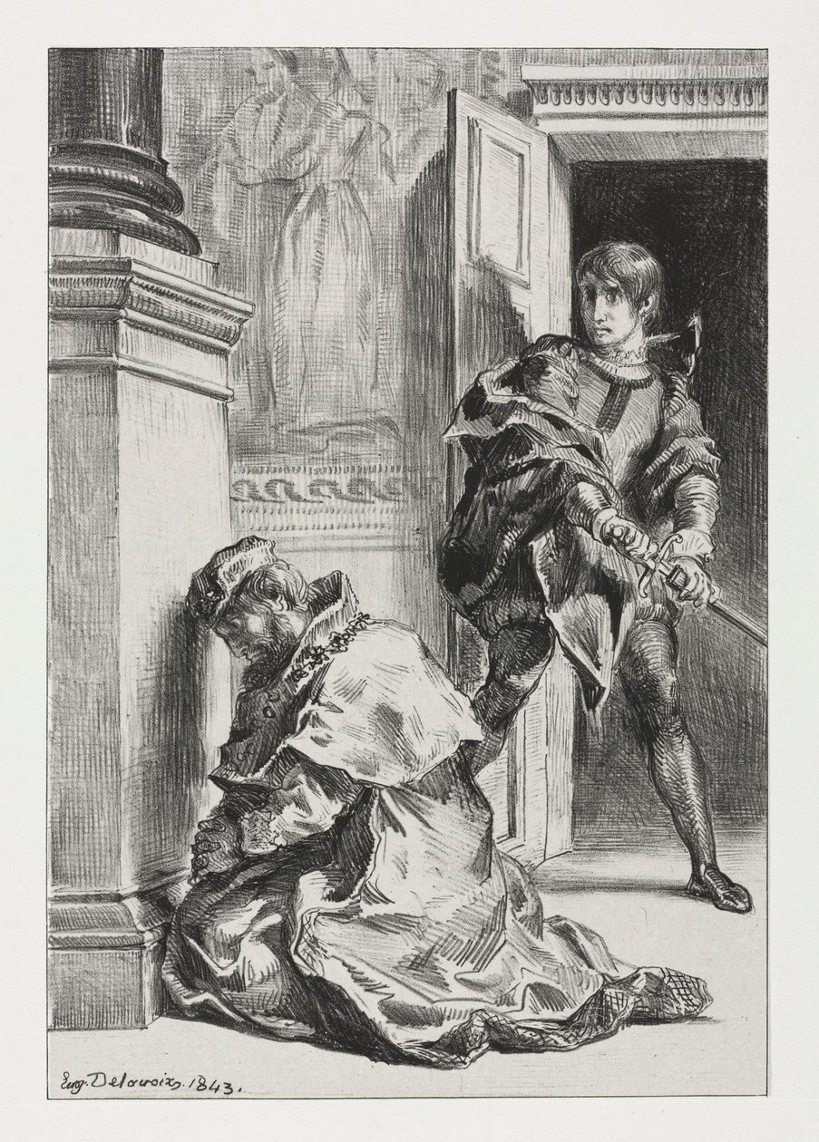 Hamlet: Hamlet yrittää tappaa kuningas, 1843. tekijältä Ferdinand Victor Eugene Delacroix