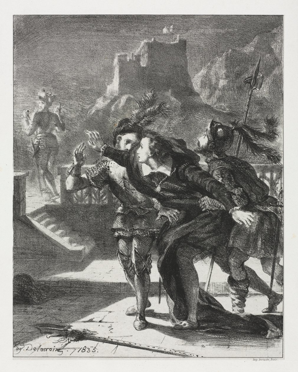 Hamlet: Hamlet ryntää seuraamaan isänsä haamua, 1835. tekijältä Ferdinand Victor Eugene Delacroix