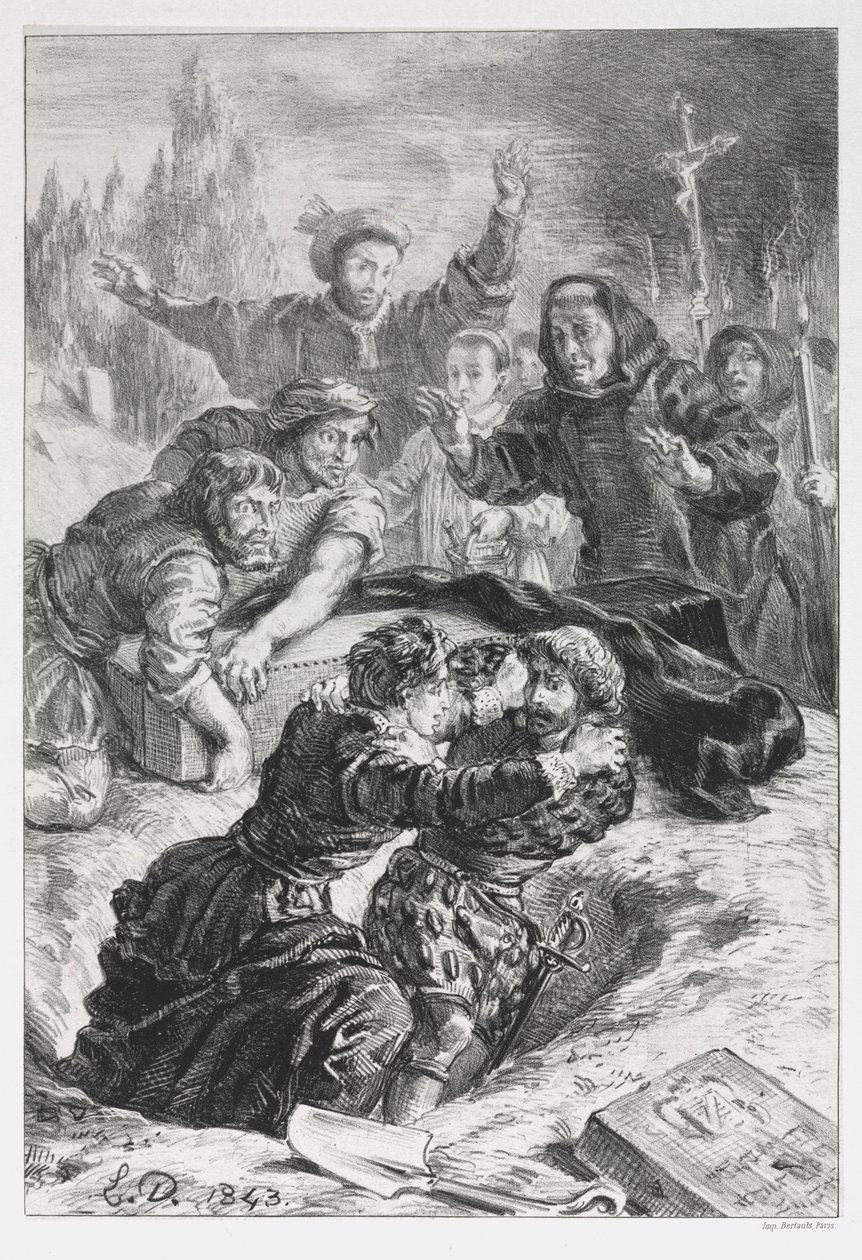 Hamlet: Hamlet ja Laertes Ophelian haudassa, 1843. tekijältä Ferdinand Victor Eugene Delacroix