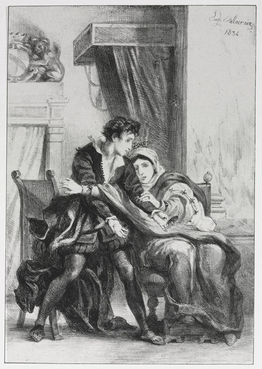 Hamlet: Hamlet ja kuningatar, 1834. tekijältä Ferdinand Victor Eugene Delacroix