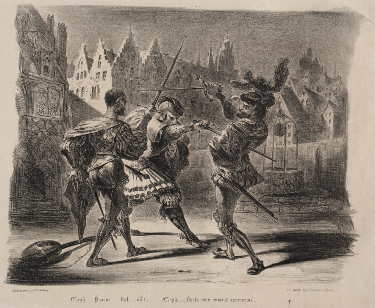 Kuvituksia Faustille: Faustin ja Valentinin kaksintaistelu, 1828. tekijältä Ferdinand Victor Eugene Delacroix