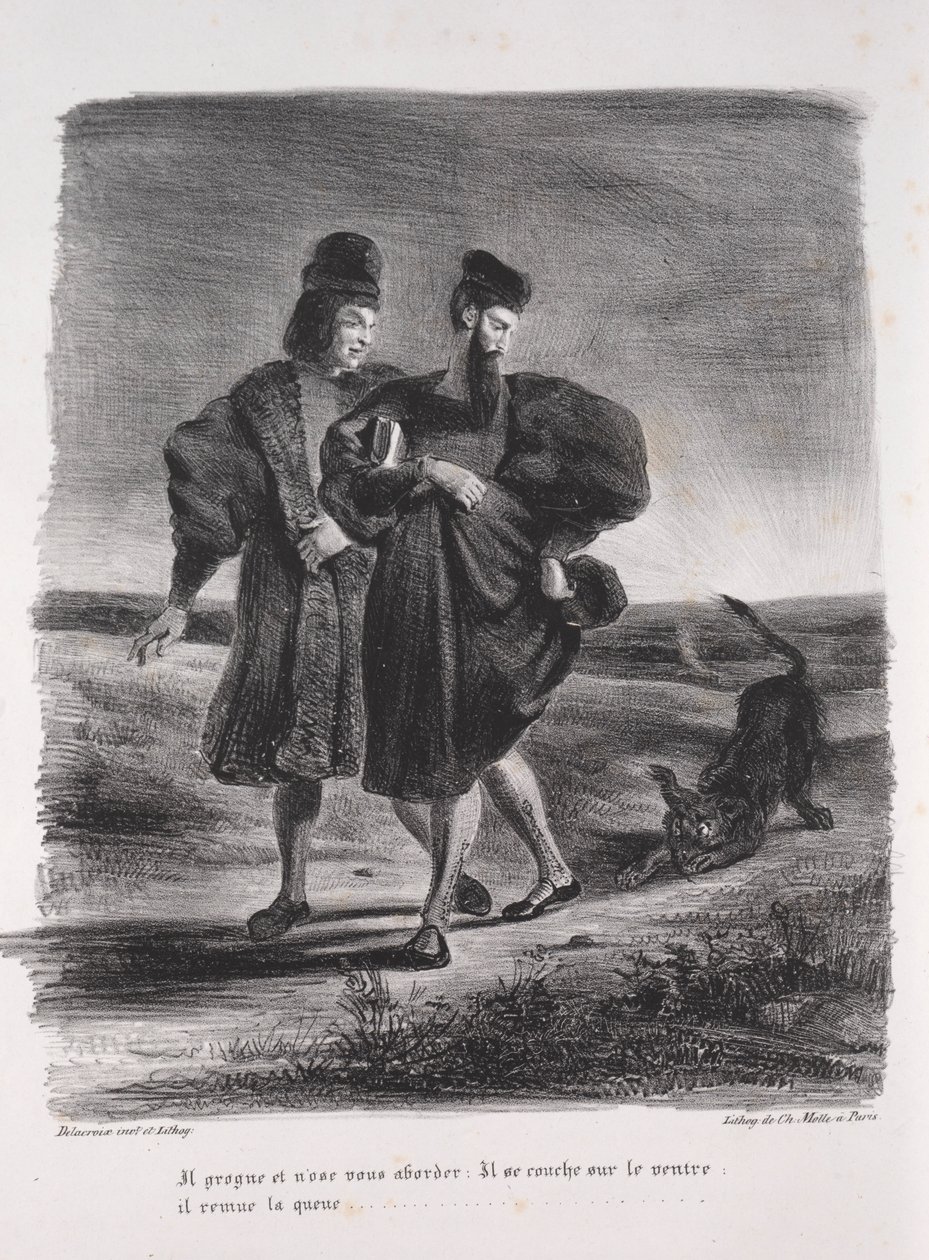 Kuvituksia Faustille: Faust, Méphistophélès ja barbet, 1828. tekijältä Ferdinand Victor Eugene Delacroix