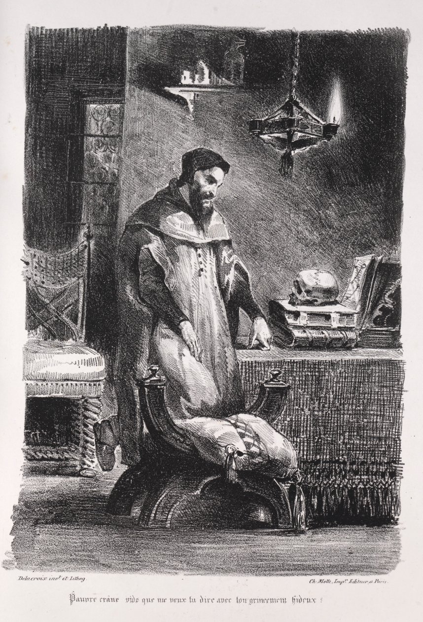 Kuvituksia Faustille: Faust pukuhuoneessa, 1828. tekijältä Ferdinand Victor Eugene Delacroix