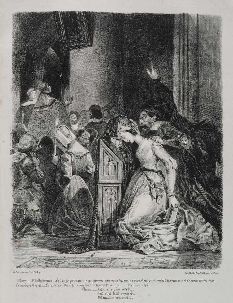 Kuvituksia Faustille: Marguerite kirkossa, 1828. tekijältä Ferdinand Victor Eugene Delacroix