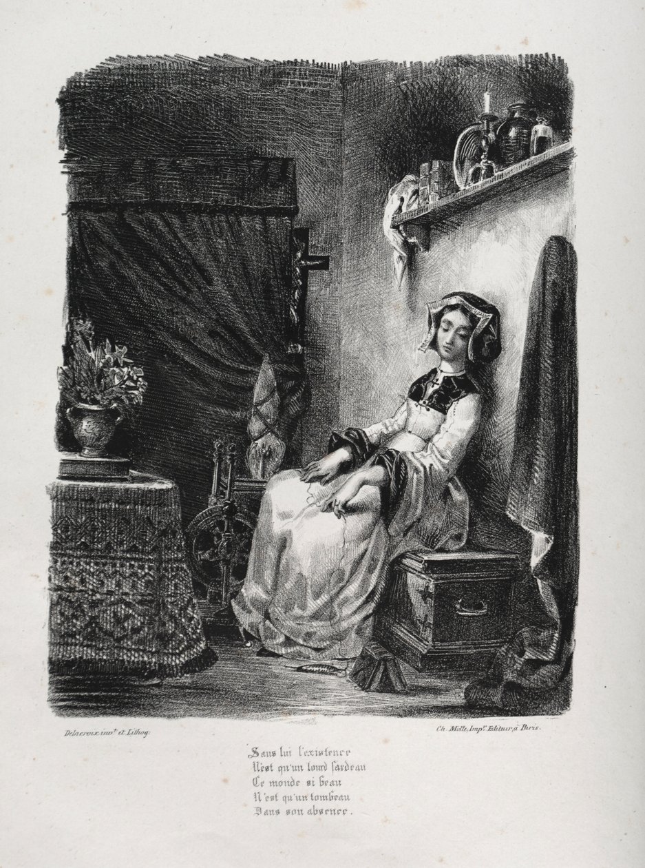 Kuvituksia Faustille: Marguerite pyörän kanssa, 1828. tekijältä Ferdinand Victor Eugene Delacroix