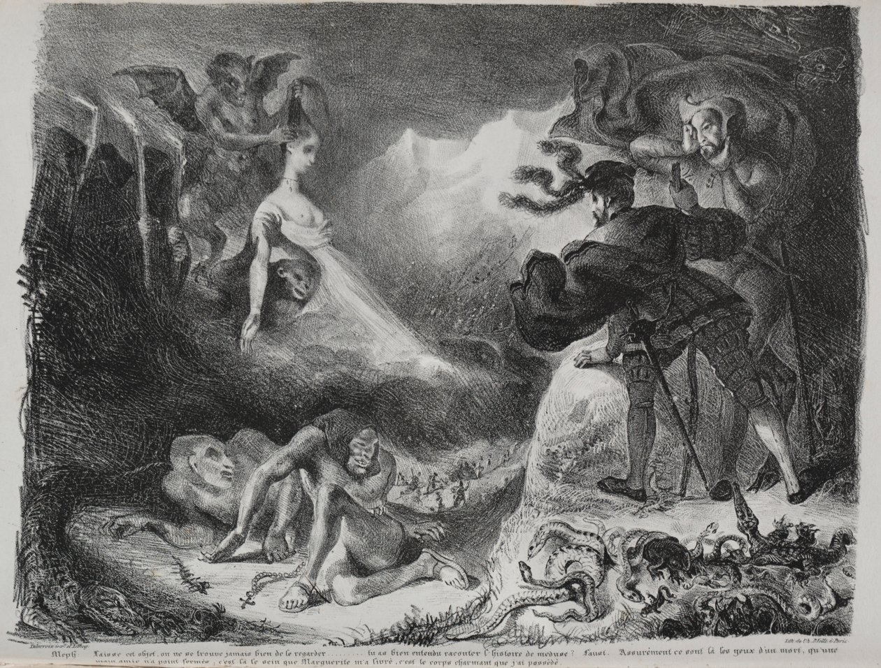 Kuvituksia Faustille: Margueritesin varjo ilmestyy Faustille, 1828. tekijältä Ferdinand Victor Eugene Delacroix