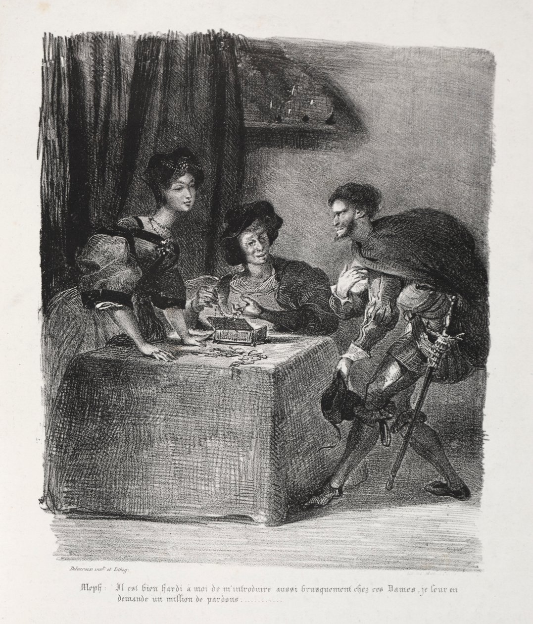 Kuvituksia Faustille: Méphistophelés on Marthessa, 1828. tekijältä Ferdinand Victor Eugene Delacroix