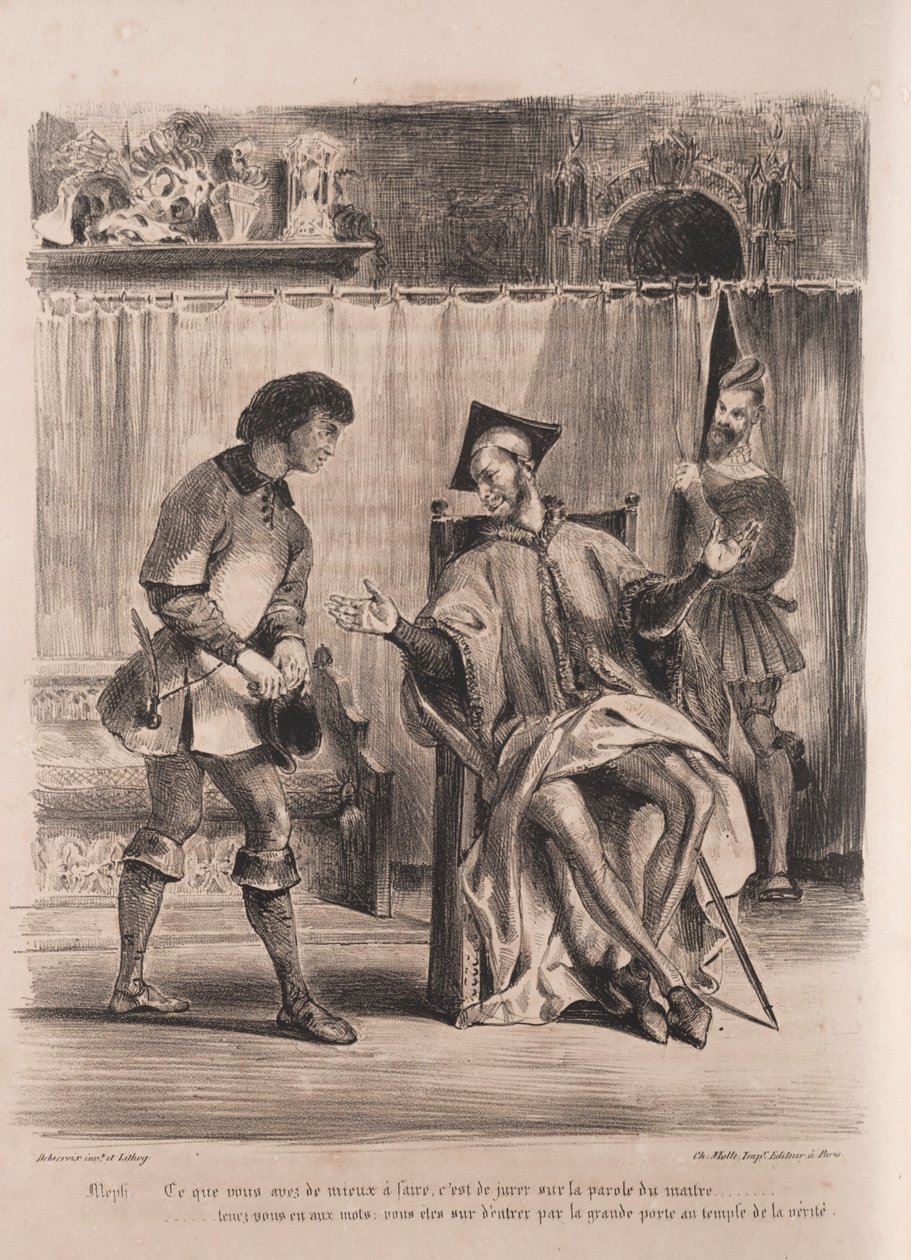 Kuvituksia Faustille: Méphistophélé vastaanottaa koulupojan, 1828. tekijältä Ferdinand Victor Eugene Delacroix