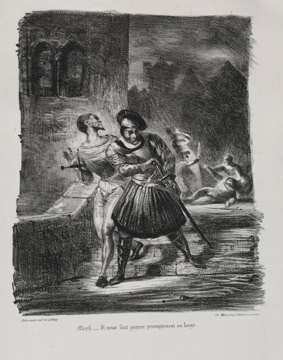 Kuvituksia Faustille: Mefistofeles ja Faust pakenevat kaksintaistelun jälkeen, 1828. tekijältä Ferdinand Victor Eugene Delacroix