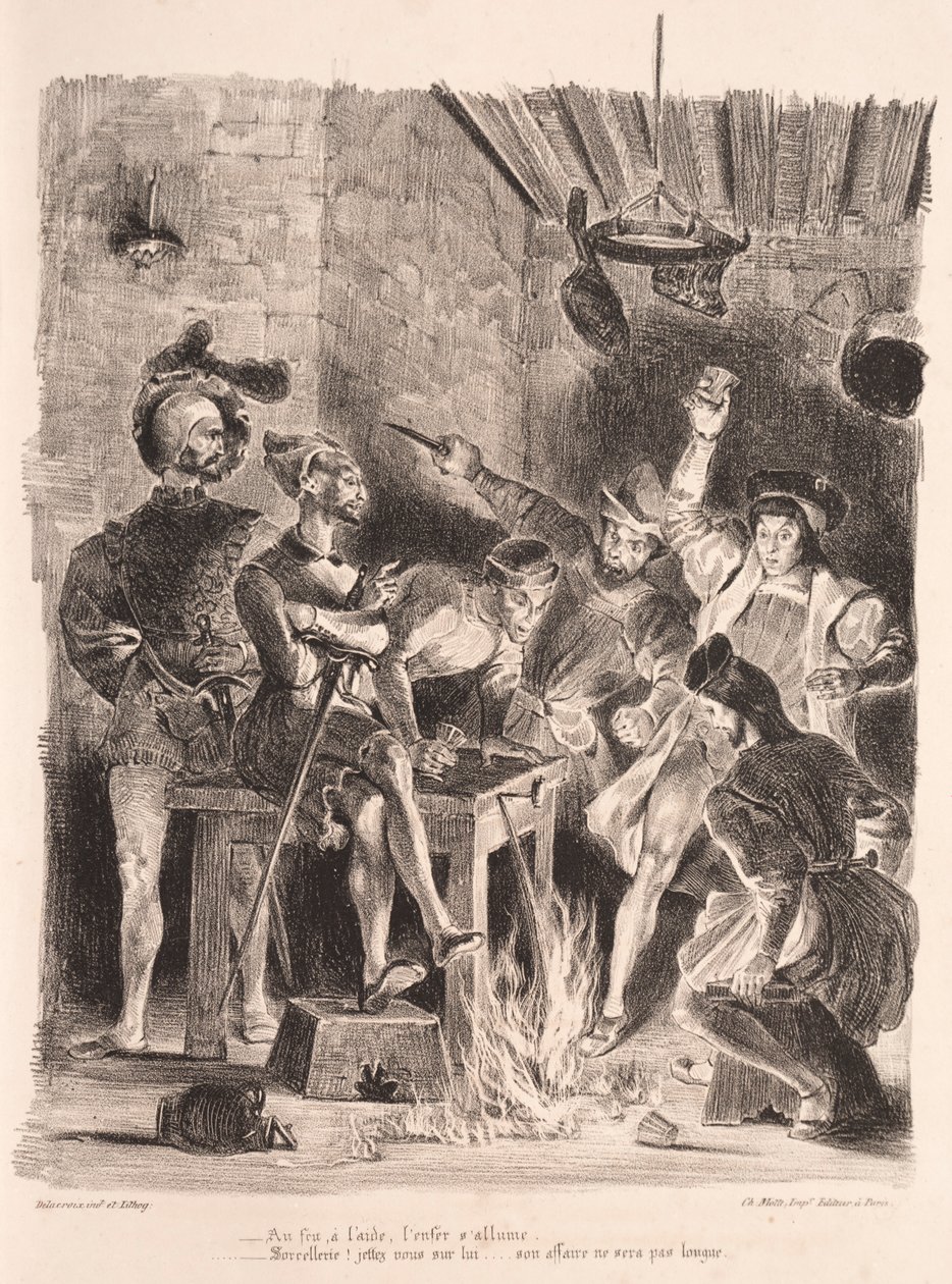 Kuvituksia Faustille: Méphistophélés opiskelijoiden tavernassa, 1828. tekijältä Ferdinand Victor Eugene Delacroix
