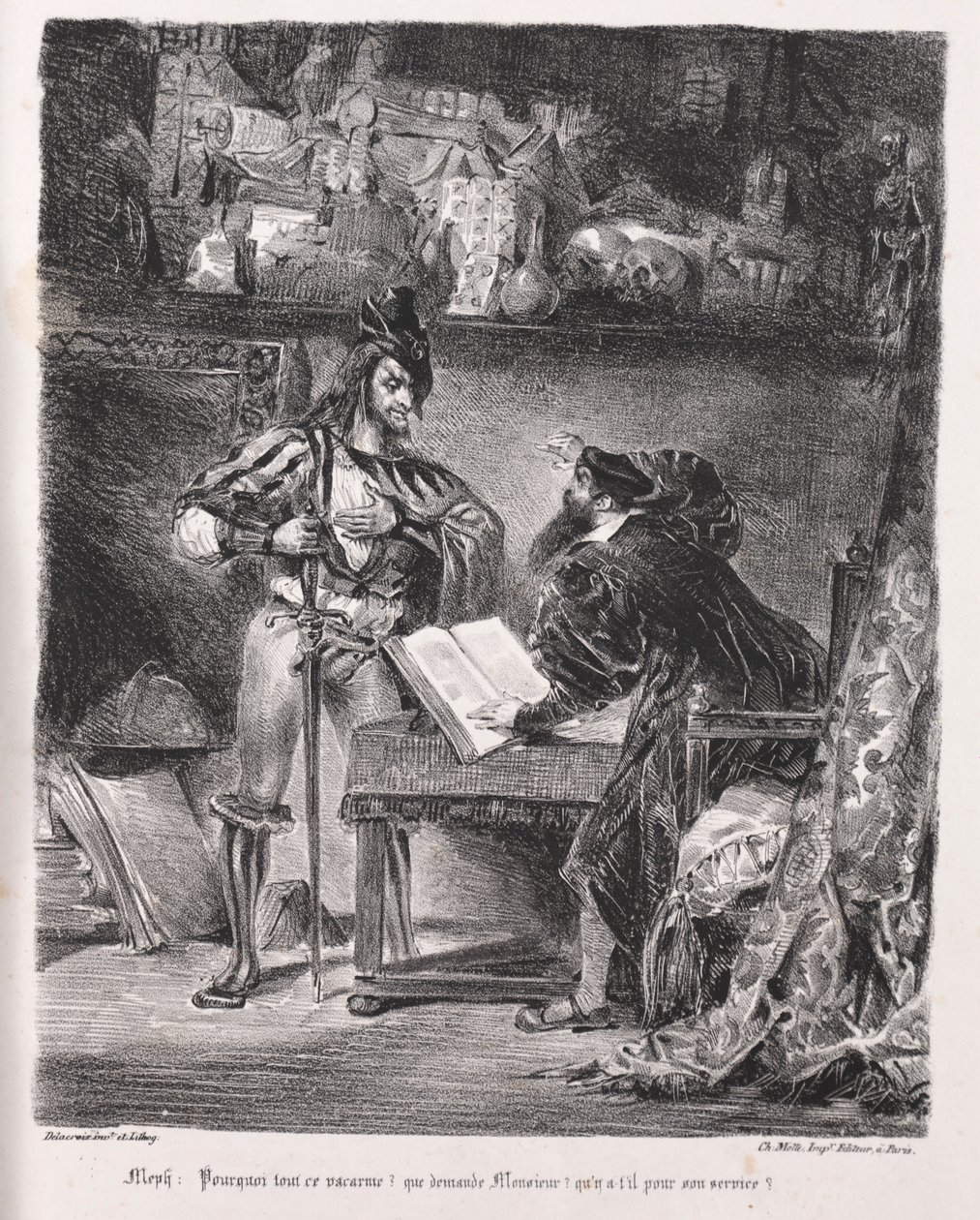 Kuvituksia Faustille: Méphistophélés vierailee Faustissa, 1828. tekijältä Ferdinand Victor Eugene Delacroix
