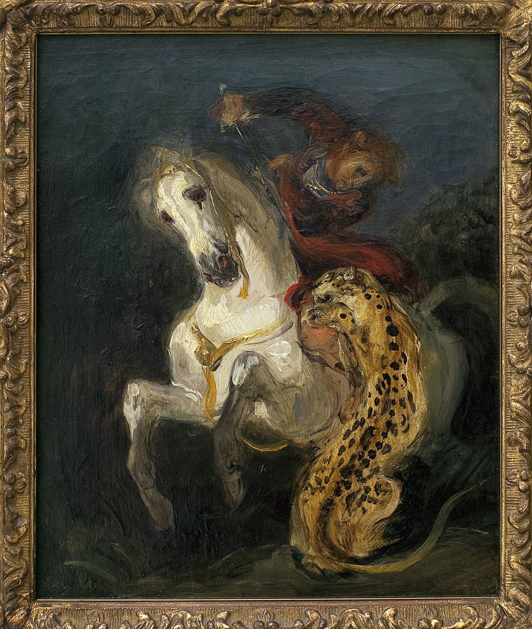 Jaguar hyökkää ratsastajaa vastaan. Eugene Delacroixin (1798-1863) maalaus öljy kankaalle tekijältä Ferdinand Victor Eugene Delacroix