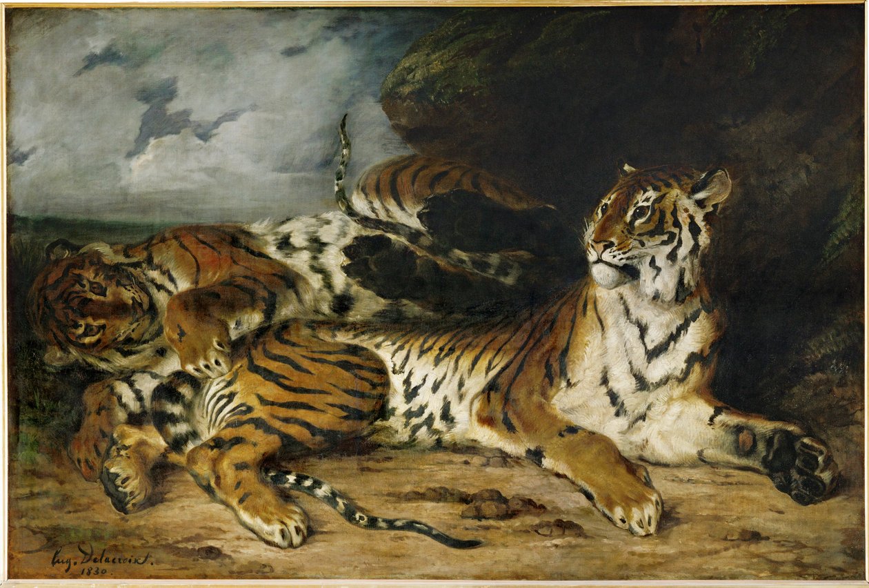 Nuori tiikeri leikkii äitinsä kanssa ... tekijältä Ferdinand Victor Eugene Delacroix