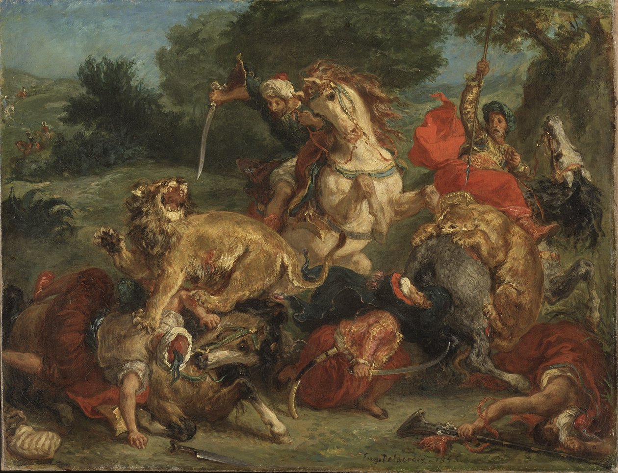 La chasse au lion - Leijonan metsästys, kirjoittanut Delacroix, Eugene (1798-1863). Öljy kankaalle tekijältä Ferdinand Victor Eugene Delacroix