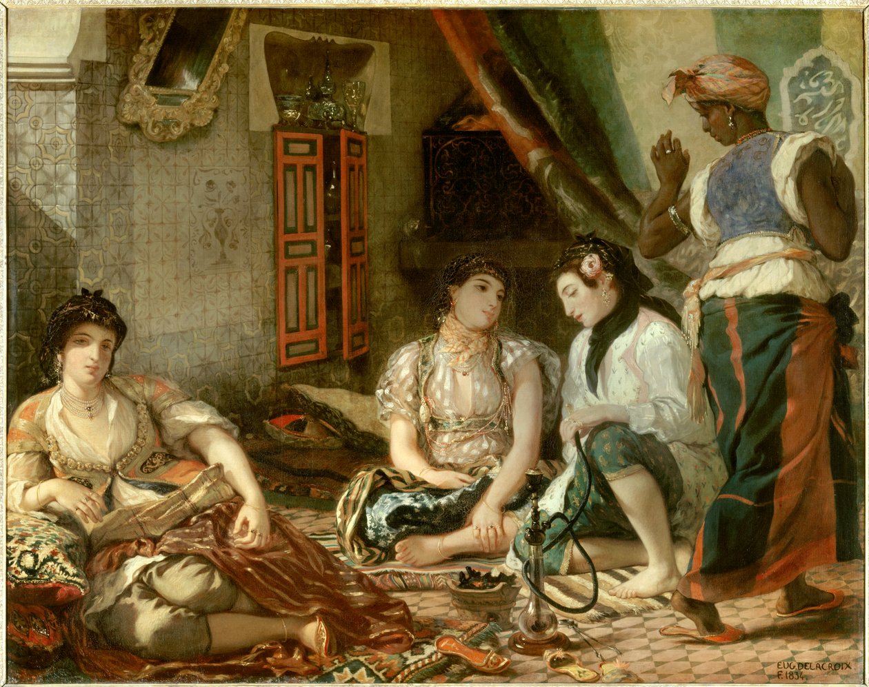 Algerialaiset naiset asunnossaan Eugene Delacroixin maalaus (1798-1863) 1834 Su. 1,80 x 2,29 m Pariisi. Louvren taidemuseo tekijältä Ferdinand Victor Eugene Delacroix