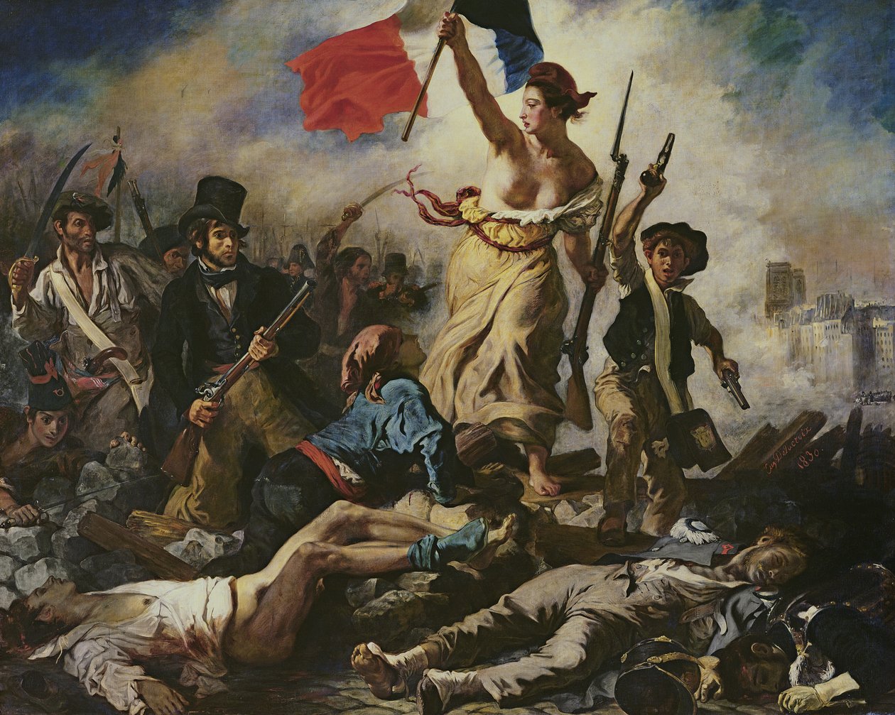 Liberty Leading the People, 28. heinäkuuta 1830, n. 1830-1831 (öljy kankaalle) (katso lisätietoja numerosta 95120) tekijältä Ferdinand Victor Eugene Delacroix