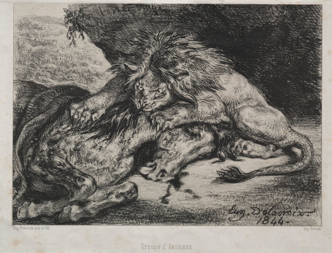 Leijona syö hevosta, 1844. tekijältä Ferdinand Victor Eugene Delacroix