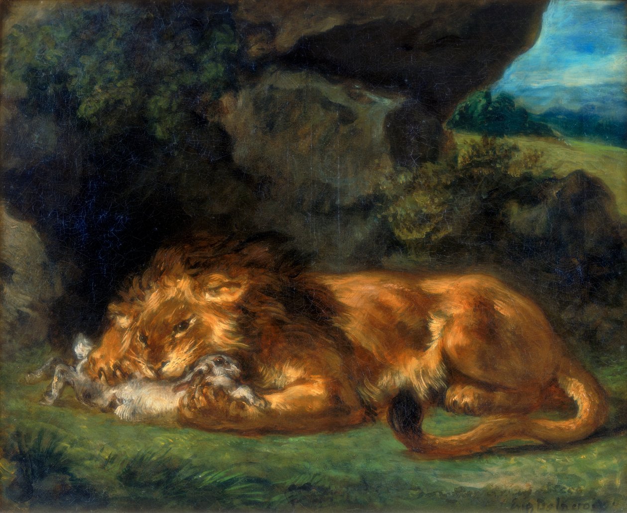 Leijona syö kani, 1800-luku tekijältä Ferdinand Victor Eugene Delacroix