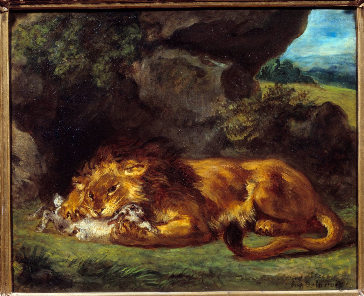 Leijona hakkaa kania. Eugene Delacroix (1798-1863) maalaus tekijältä Ferdinand Victor Eugene Delacroix