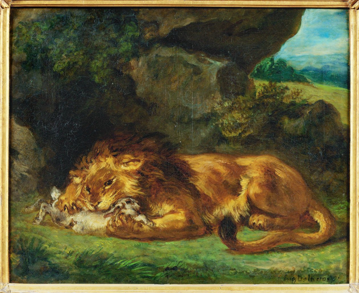 Leijona syö jäniksen - leijona syö jäniksen ... tekijältä Ferdinand Victor Eugene Delacroix