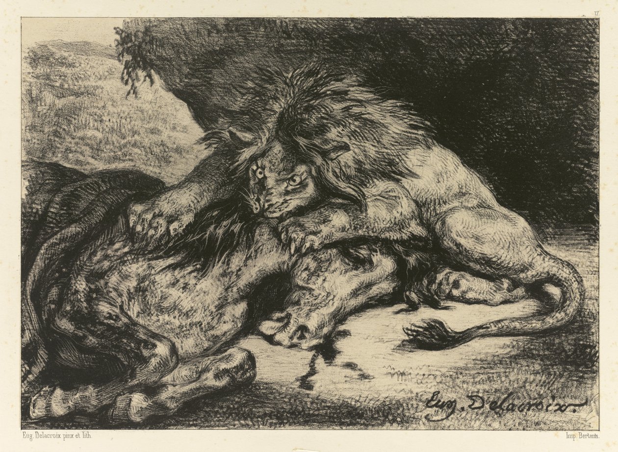 Leijona syö hevosta, 1844 tekijältä Ferdinand Victor Eugene Delacroix