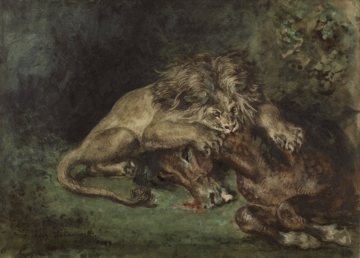 Lion dévorant un cheval (Leijona syö hevosta), n. 1844 (akvarelli, bodycolor oand arabiakumi grafiitilla paperille, kiinnitetty tauluun) tekijältä Ferdinand Victor Eugene Delacroix
