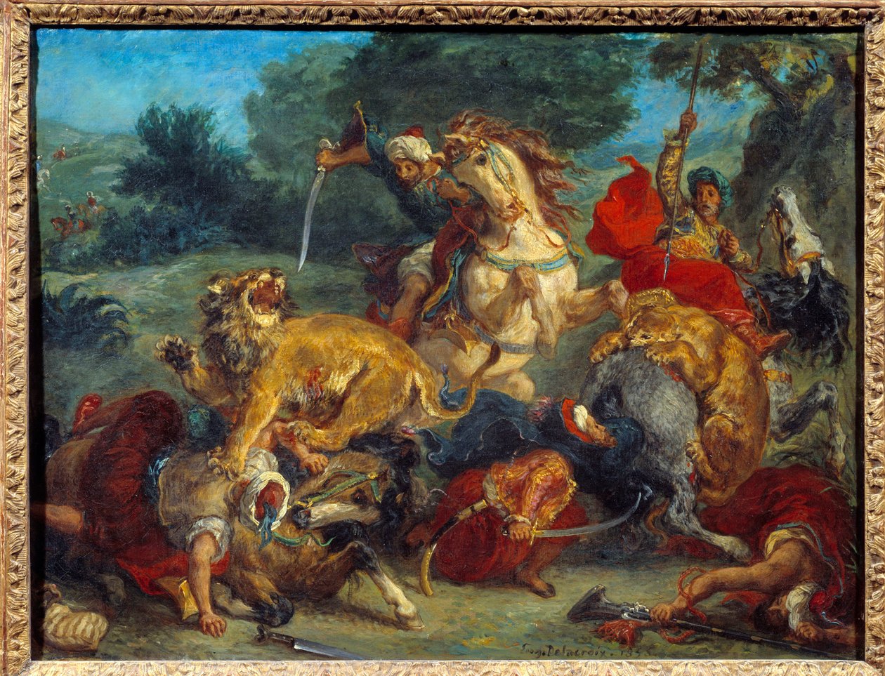 Leijonan metsästys. Eugene Delacroix (1798-1863) maalaus tekijältä Ferdinand Victor Eugene Delacroix